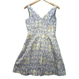 Gap Womens Sleeveless V-Neck Dress Size 2 Blue & Yellow Ikat Print 100% Linen